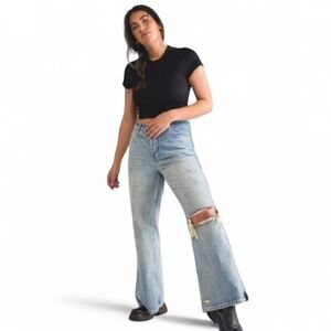 Free People Curvy Baggy Button Fly Flare High Waist Distressed Jeans 26 NWT